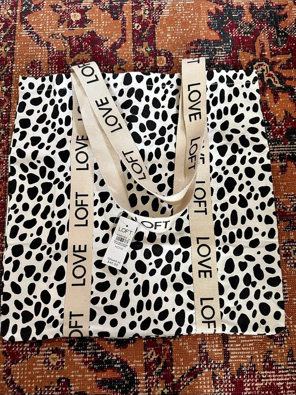 LOFT Love Dalmation Print Tote Bag in White & Black NWT
